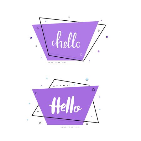 Set of trapezium Hello banners. Handwritten lettering with decoration. Vector illustration.のイラスト素材