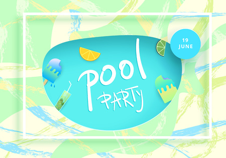 Pool Party flyer.  Horizontal banner with frame and brush lines background. Paper cut effect. Handwritten text. Template for summer holiday design. Vector illustration.のイラスト素材
