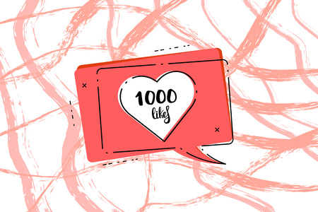 1000 likes  post. 1K likes speech bubble with horizontal brush lines decorative background. Greeting card for social networks. Template for social media post for blog. Vector illustration.のイラスト素材