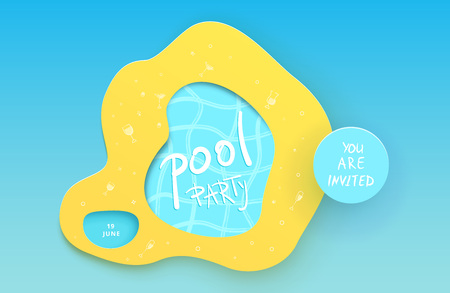 Pool Party horizontal flyer. Paper cut effect banner.  Template for summer holiday design. Vector illustration.のイラスト素材