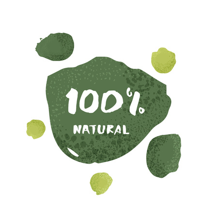 100% Natural banner with text and  abstract shapes. Handwritten lettering. Element for graphic design - emblem, poster, flyer, tag, menu. Vector illustration.のイラスト素材