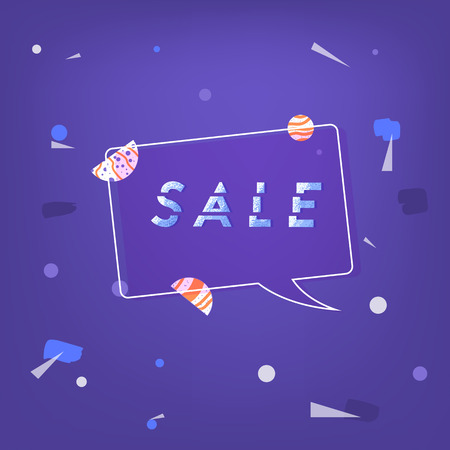 Sale banner with geometric abstract composition and speech bubble. Promotion card with sliced creative text. Poster for advertising and social media design. Vector illustration.のイラスト素材