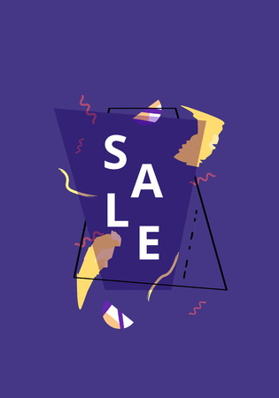 Sale banner with geometric abstract composition. Dark vertical promotion card with sliced trendy text. Violet poster with trapezium shape for advertising design. Vector illustration.のイラスト素材