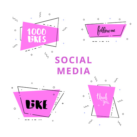 Social media set of  geometric banners with lettering isolated on white background. Like, Thank you, Follow me, 1000 likes text on trapezium shapes. Elements for public channels design. Vector illustration.のイラスト素材