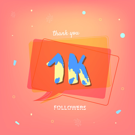 1K followers thank you post with decoration. 1000 subscribers red banner with speech bubble. Template for social media networks. Vector illustration.のイラスト素材