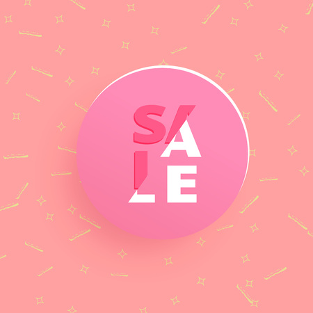 Sale banner with geometric abstract composition. Promotion card with sliced trendy text. Template with round button and decoration for advertising design. Vector illustration.のイラスト素材