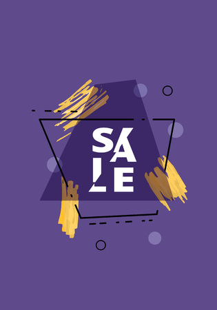 Sale banner with geometric abstract composition. Dark promotion card with sliced trendy text. Violet poster for advertising design. Vector illustration.のイラスト素材