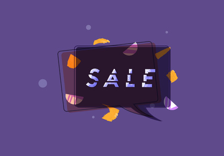 Sale banner with geometric abstract composition. Dark horizontal promotion card with sliced trendy text. Violet poster with speech bubble for advertising design. Vector illustration.のイラスト素材
