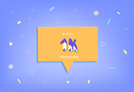 1K followers thank you post with decoration. 1000 subscribers horizontal banner with speech bubble. Greeting card for social networks. Vector illustration.のイラスト素材