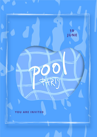 Vertical Pool Party banner. Template for holiday summer flyer design. Blue card with decoration. Vector illustration.のイラスト素材