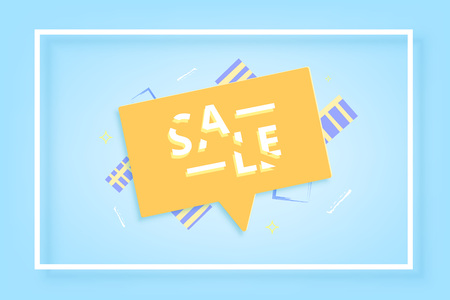 Sale banner with geometric abstract composition. Promotion card with sliced trendy text. Template with decoration for advertising design. Vector illustration.のイラスト素材