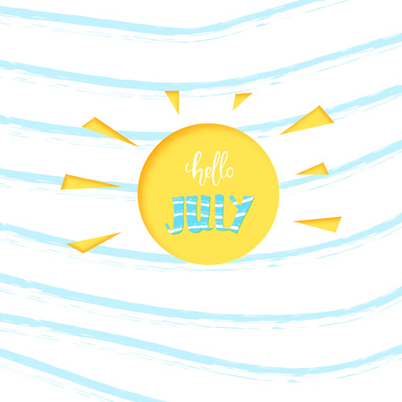 Hello July banner with sun shape. Handwritten creative decoration lettering. Vector illustration.のイラスト素材