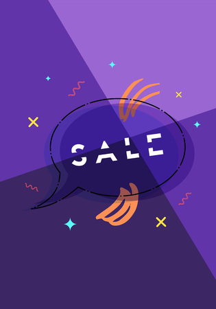 Sale banner with speech bubble and geometric abstract composition. Promotion card with text. Violet poster for advertising design. Vector illustration.のイラスト素材