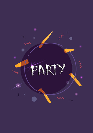 Party banner. Vertical event flyer for holiday design with geometric decorative elements and creative lettering. Vector illustration.のイラスト素材