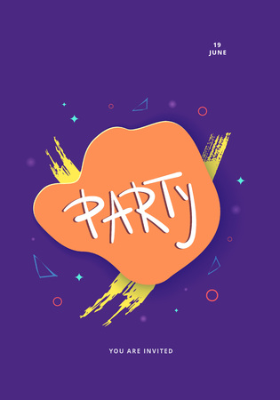 Party banner. Vertical violet flyer for holiday design with geometric decorative elements. Card for social media.  Vector illustration.のイラスト素材