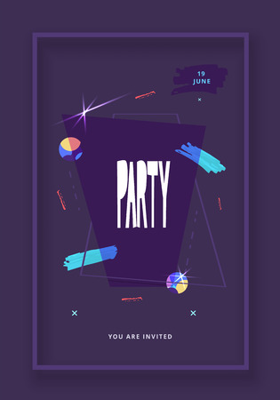 Party banner. Vertical event flyer for holiday design with geometric decorative elements and creative lettering. Vector illustration.のイラスト素材