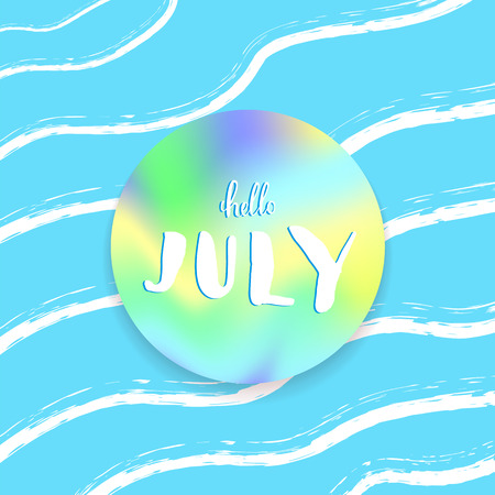 Hello July banner with round foil badge. Handwritten lettering. Vector illustration.のイラスト素材