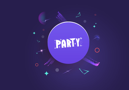 Party banner. Flyer for holiday design with geometric round decorative elements. Memphis style posters with creative lettering. Vector illustration.のイラスト素材