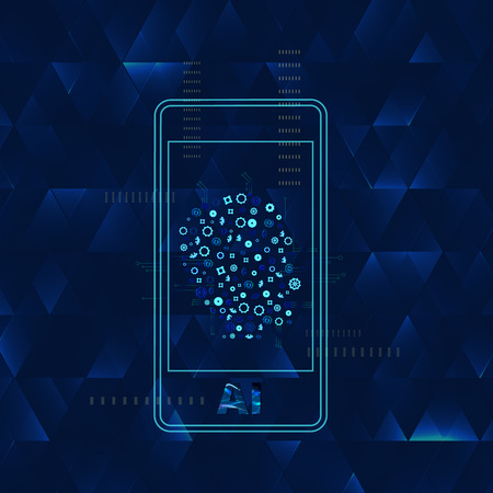 Artificial Intelligence banner with phone, face decoration and creative letters. AI concept. Vector illustration.のイラスト素材