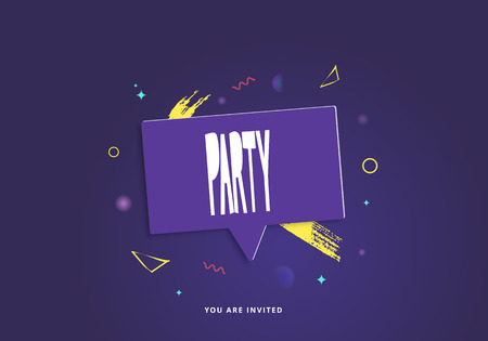 Party banner. Horizontal violet flyer for holiday design with geometric decorative elements. Card for social media.  Vector illustration.のイラスト素材
