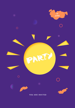 Party banner. Flyer for holiday design with papercut sun element. Card for social media and web.  Vector illustration.のイラスト素材