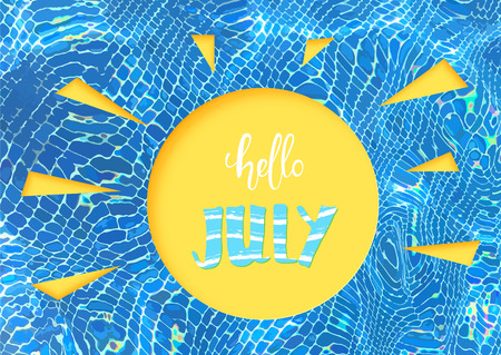 Hello July banner with sun and water background. Handwritten lettering. Vector illustration.のイラスト素材
