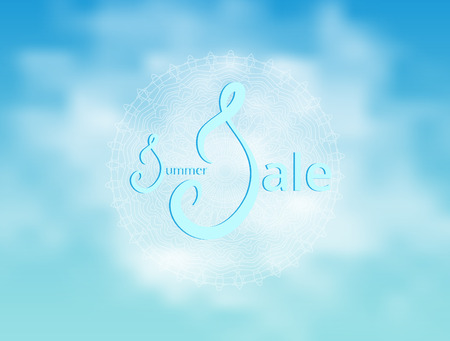 Summer Sale card with mandala decoration and cloudy background. Template for ad with bright decoration. Vector illustration.のイラスト素材