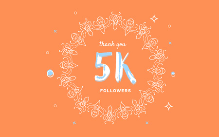 5K followers thank you post with decoration. 5000 subscribers horizontal vintage banner with round decorative frame. Greeting card for social networks. Vector illustration.のイラスト素材
