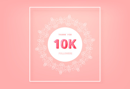 10K followers thank you post with decoration. 10000 subscribers horizontal vintage pink banner with round decorative frame. Greeting card for social networks. Vector illustration.のイラスト素材