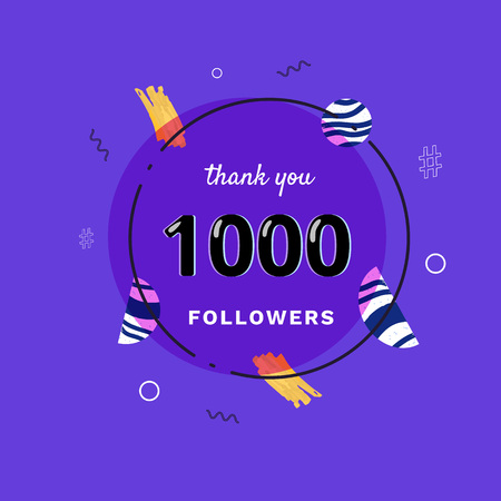 1K followers thank you post with decoration. 1000 subscribers  banner with round badge. Greeting card for social networks. Vector illustration.のイラスト素材