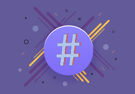 Hashtag sign with round badge banner. Number symbol.  Element for graphic design - blog, social media, banner, poster, flyer, card. Vector illustration.のイラスト素材