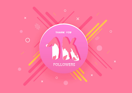 1K followers thank you flat post with decoration. 1000 subscribers  banner with round badge. Greeting card for social networks. Vector illustration.のイラスト素材