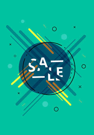 Sale banner with geometric abstract composition. Promotion card with text. Vertical green poster for advertising design. Vector illustration.のイラスト素材