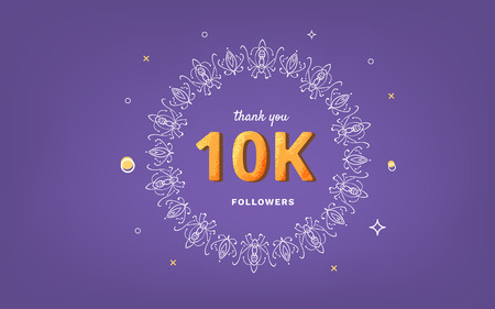 10K followers thank you post with decoration. 10000 subscribers horizontal vintage banner with round decorative frame. Ultra violet greeting card for social networks. Vector illustration.のイラスト素材