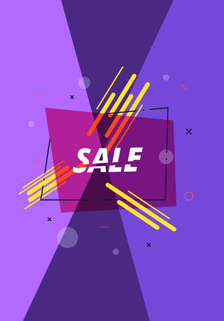 Sale banner with geometric abstract composition. Promotion violet card with text. Vector illustration.のイラスト素材