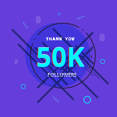 50K followers thank you post with decoration. 50000 subscribers  banner with round badge. Greeting card for social networks. Vector illustration.のイラスト素材