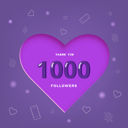 1000 followers thank you post with heart shape and decoration. 1K subscribers celebration banner. Greeting card for social networks. Vector illustration.のイラスト素材