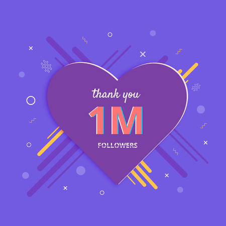1M followers thank you post with heart shape and decoration. 1000000 subscribers celebration banner. Greeting card for social networks. Vector illustration.のイラスト素材