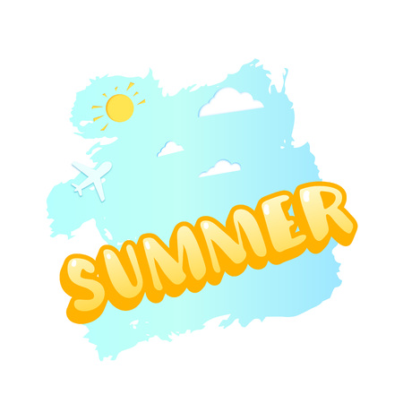 Summer sticker with papercut sun, clouds and plane. Handwritten lettering.