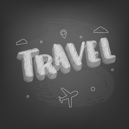 Travel on chalkboard  textured background with decoration. Travel handwritten lettering.のイラスト素材