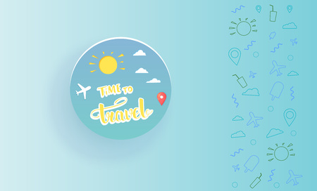 Time to travel composition with papercut items and decoration. Sticker on business card. Decorative  background and handwritten lettering.のイラスト素材