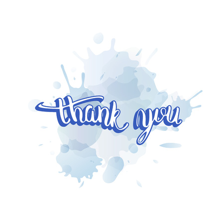 Thank you inscription with watercolor splash blot card. Banner with handwritten lettering and abstract geometric decoration elements. Thank you phrase. Vector illustration.のイラスト素材