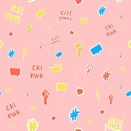 Girl power stickers seamless pattern card. Pink background with simple items. Vector illustration.のイラスト素材