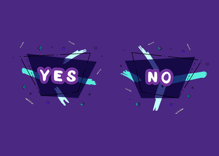 Yes and No card with geometric banners. Stickers with handwritten lettering Yes and No. Element for graphic design - poster, flyer, brochure, banner, tag, badge. Vector illustration.のイラスト素材