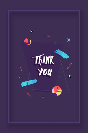Thank you vertical dark card. Banner with handwritten lettering and abstract geometric decoration elements. Thank you phrase. Vector illustration.のイラスト素材