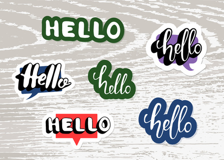 Set of Hello stickers on wood background. Hello quote elements for banner, poster, social media networks. Vector illustration.のイラスト素材