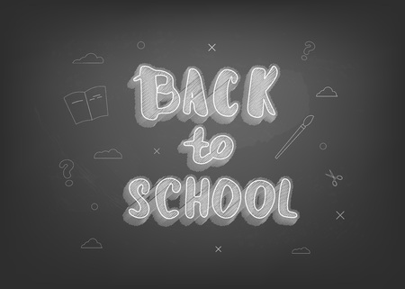 Back to school chalk lettering on blackboard. Template for season promotion cards. Education banner with decoration.のイラスト素材
