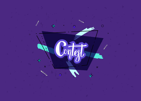 Contest card  for social media. Dark banner with geometric trapezium composition and handwritten lettering. Sticker text with decotarion and violet background. Quiz  flyer.のイラスト素材