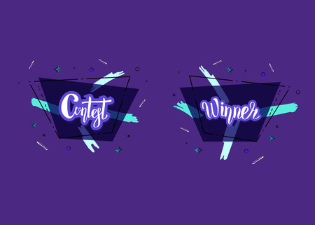 Contest and Winner card with trapezium geometric composition for social media network. Set of handwritten stickers lettering with decoration. Vector illustration.のイラスト素材