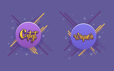 Contest and Winner card with round badges for social media network. Set of handwritten stickers lettering with decoration. Vector illustration.のイラスト素材